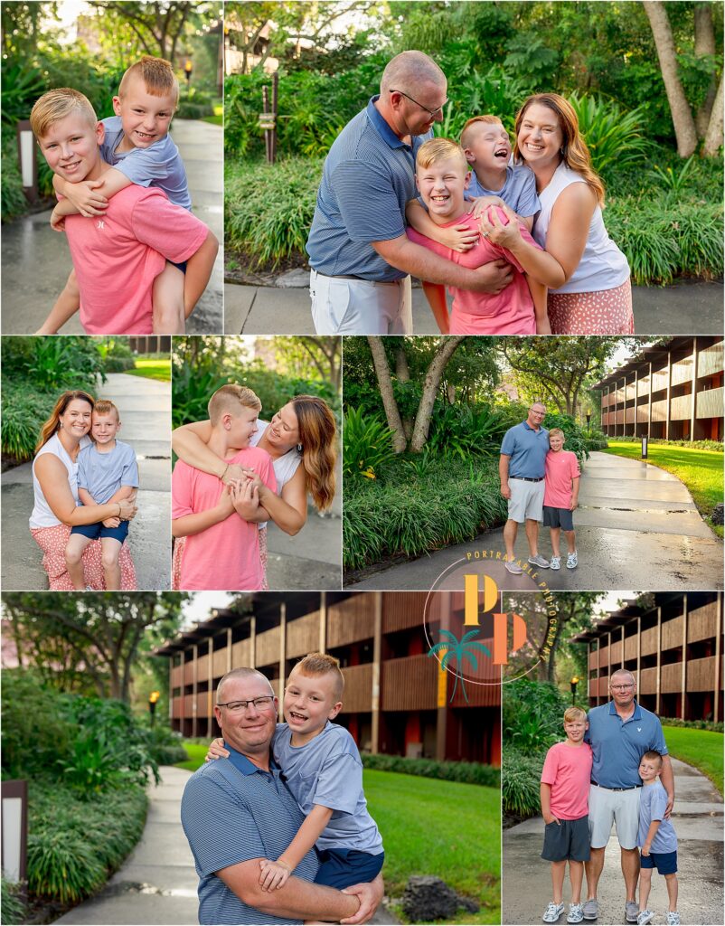Family enjoying a joyful outdoor moment during a photoshoot at Disney's Polynesian resort