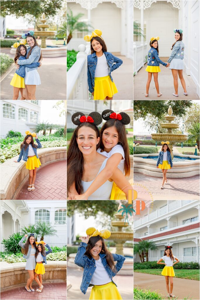 Two girls in matching yellow outfits and mickey ears for a mom and daughter photoshoot