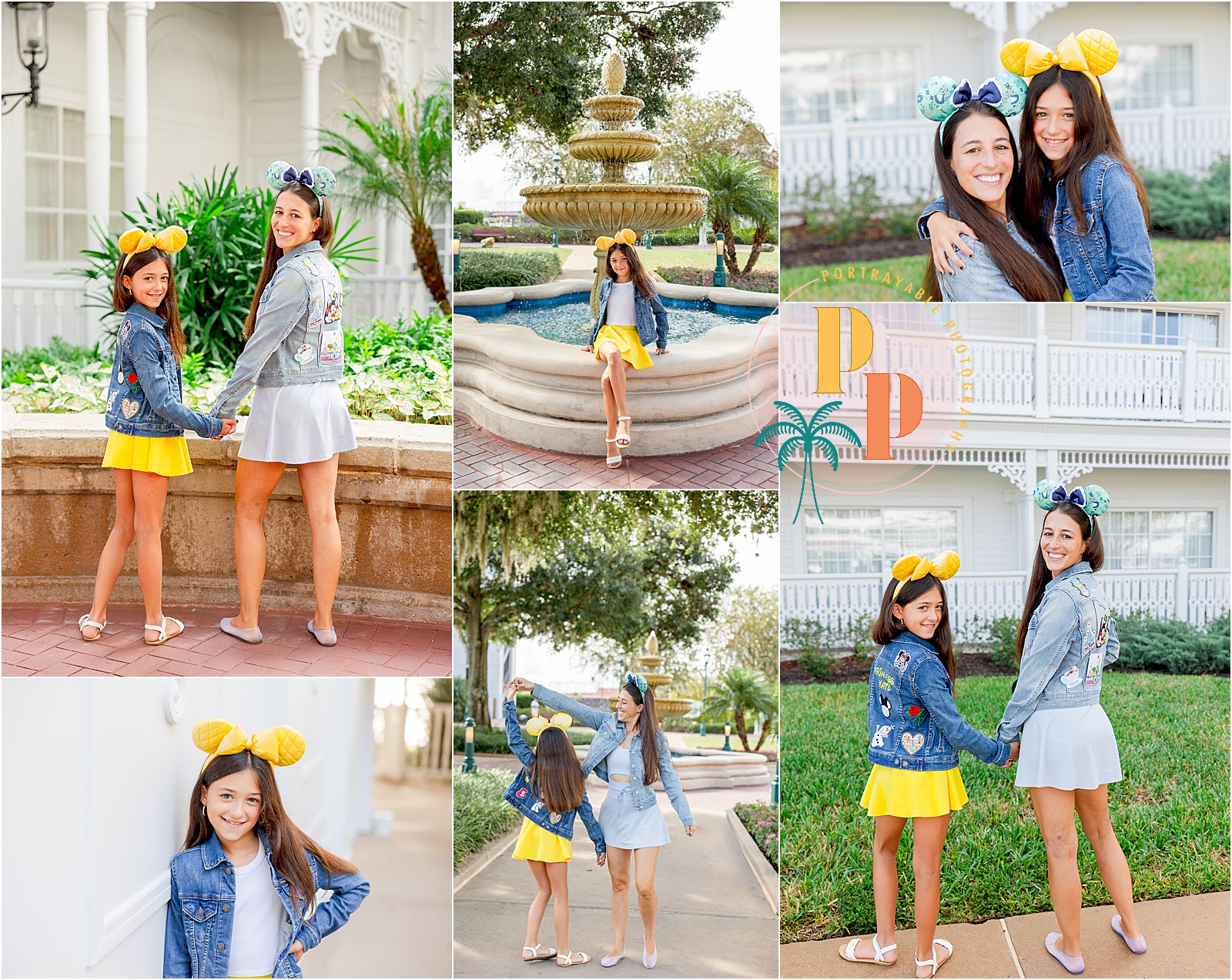 Two girls in matching outfits smiling at Disney's grand Floridian resort for a photoshoot with portrayable photography