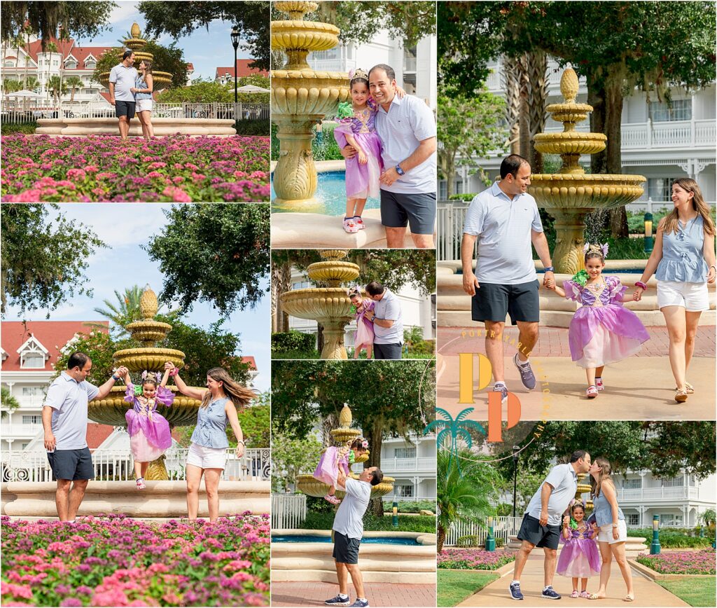 Family enjoying time near fountain at the grand Floridian resort during their disney vacation