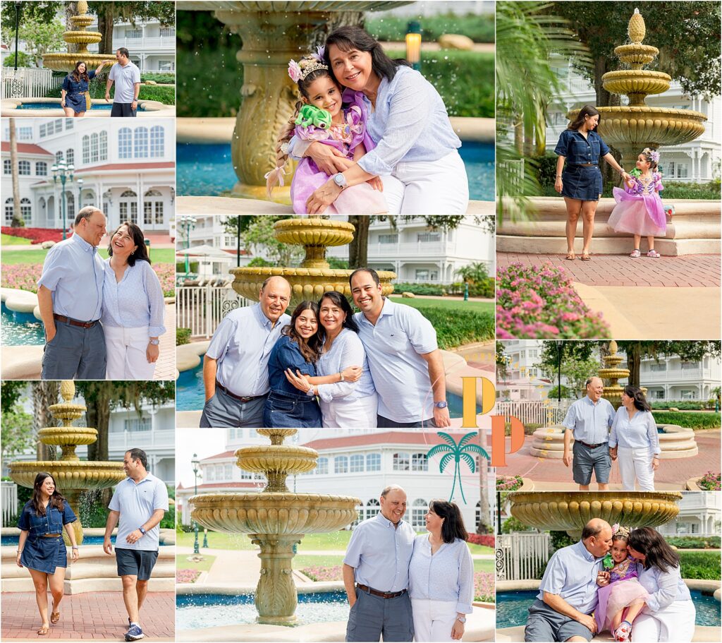 Family enjoying time by the fountain at the Disney's grand Floridian resort
