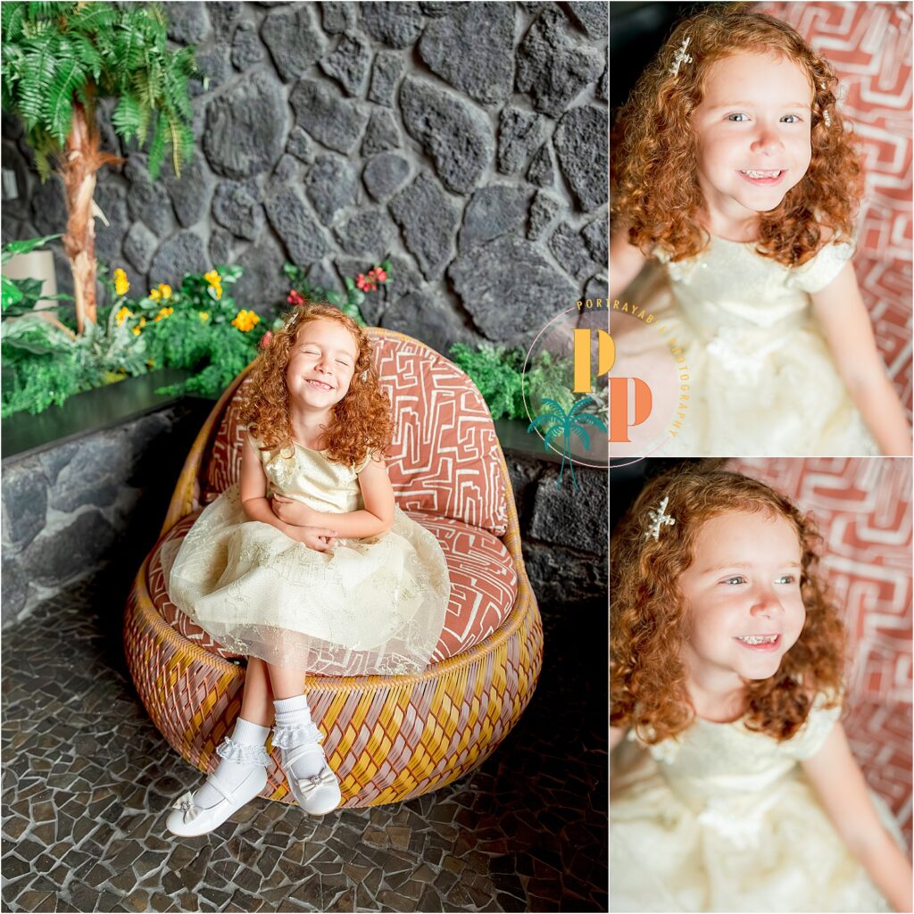 Child in elegant dress on chair at Disneys new island tower