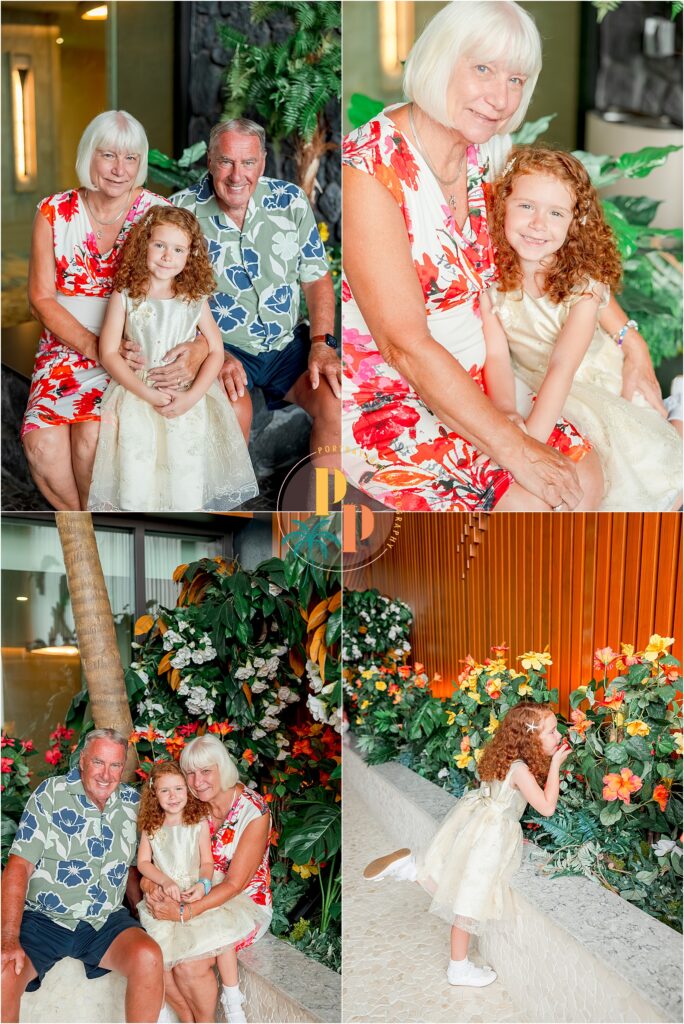 Family photoshoot in tropical setting at Disneys Polynesian resort
