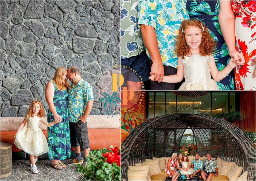 Family in tropical attire, joyful moments at disney world resort