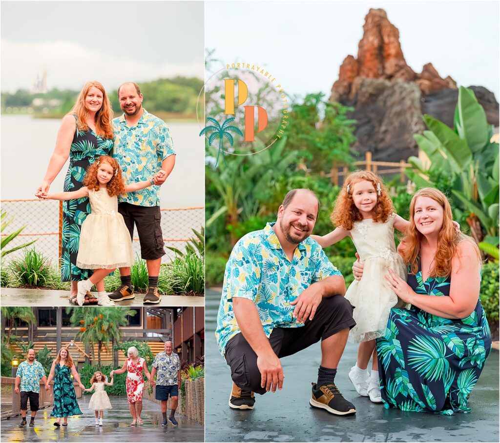Family enjoying a tropical photoshoot at Disneys Polynesian