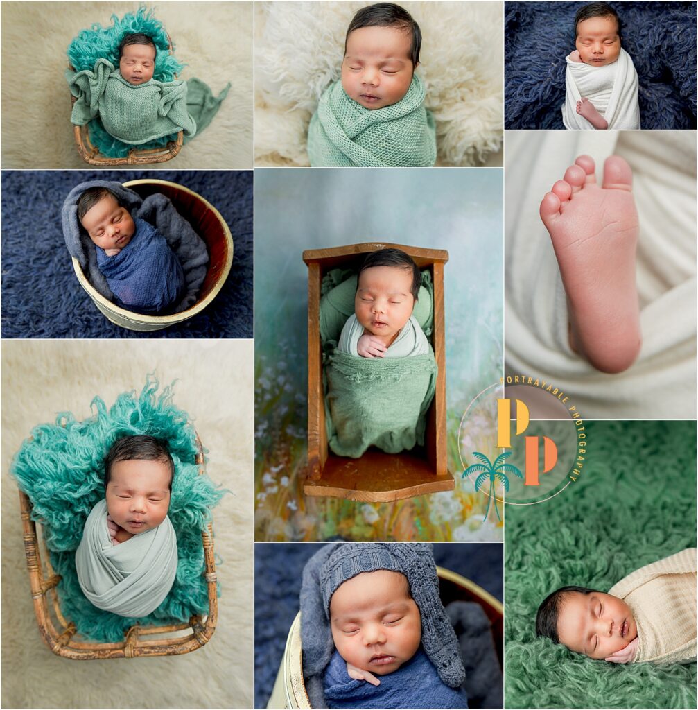 Newborn in various cozy wraps during an orlando newborn photoshoot