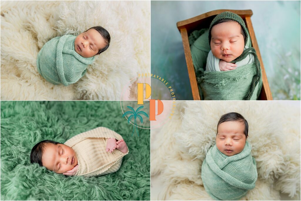 Newborns wrapped in soft green blankets during a central newborn photo session