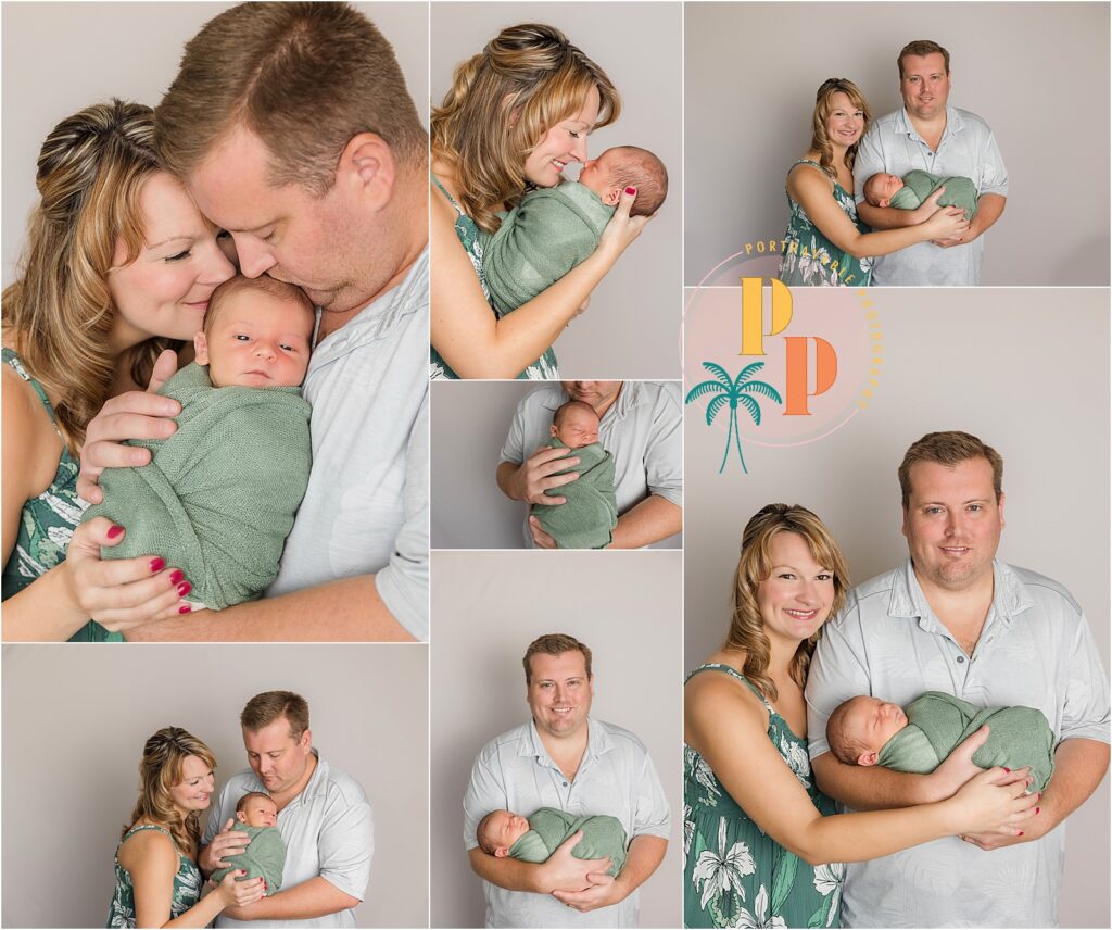 Couple holding wrapped newborn baby during their newborn shoot