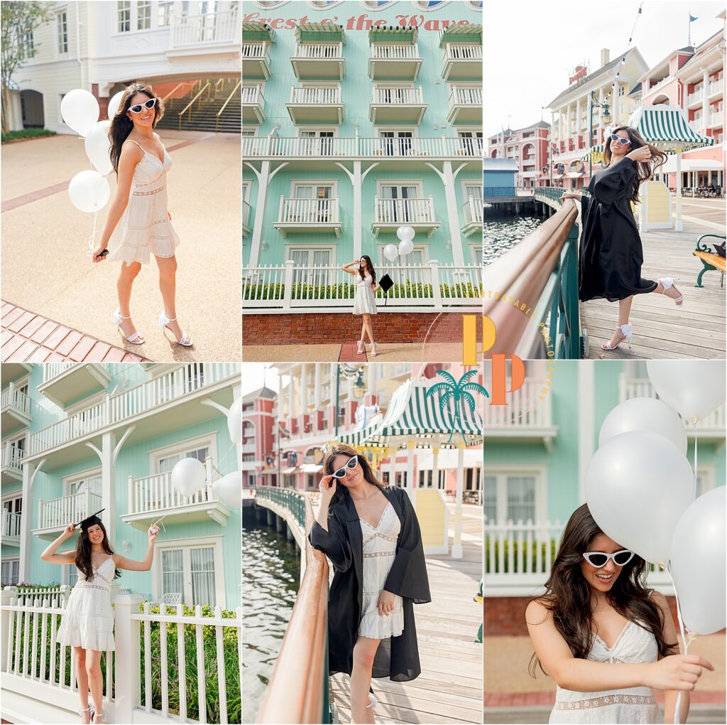 Young woman with balloons by water.