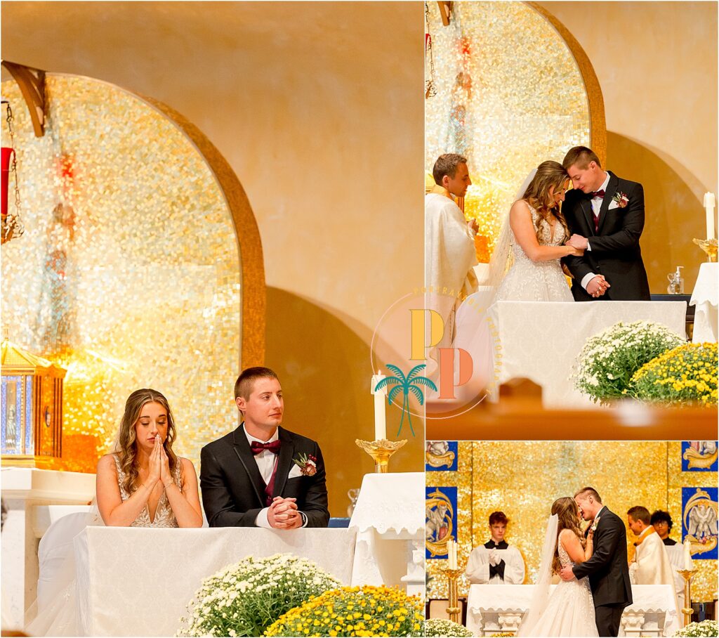Couple exchanging vows in church setting.