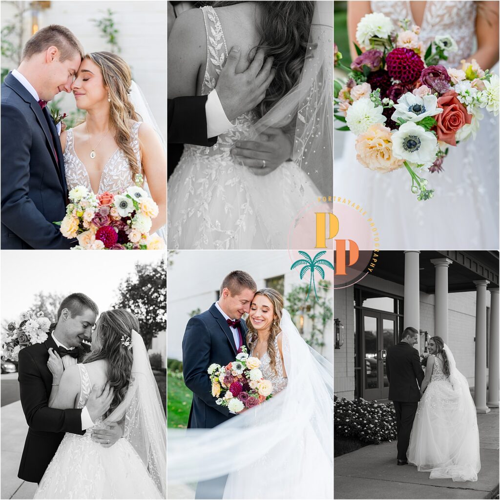 Couple embracing with beautiful bouquet during their orlando wedding