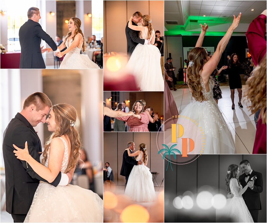 Couple dancing at elegant wedding reception.