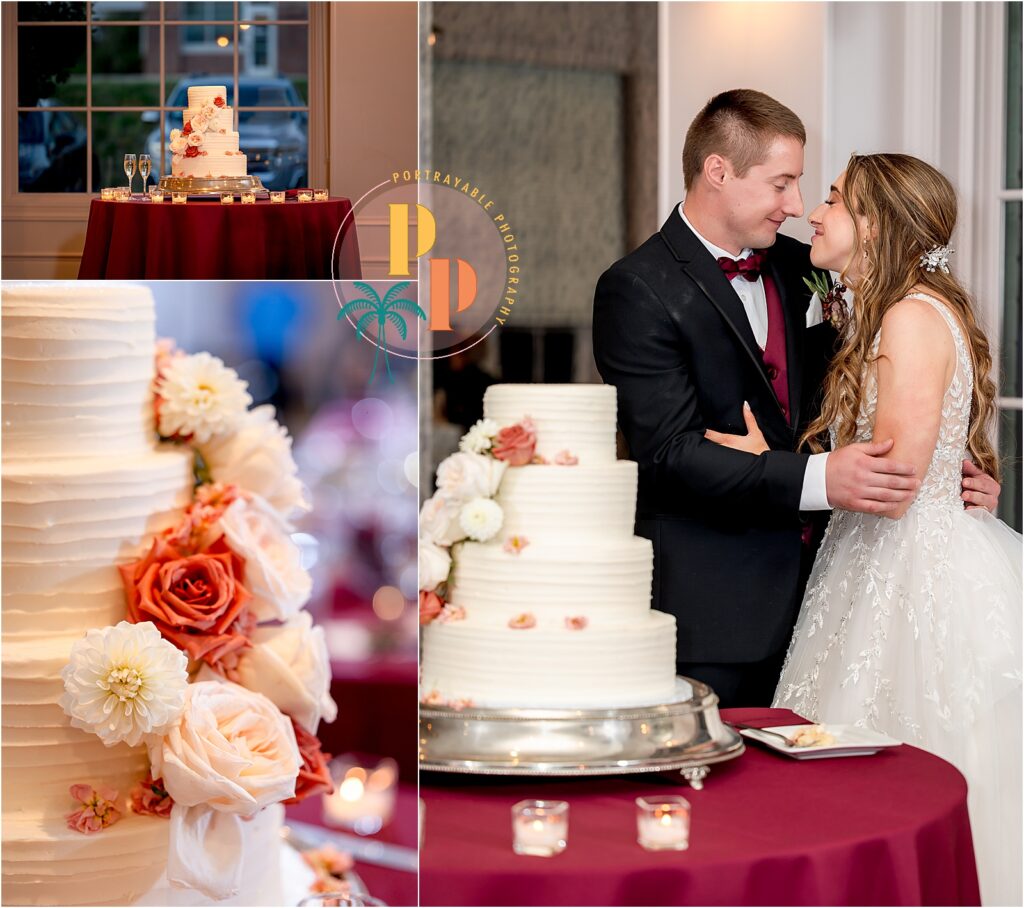 Elegant wedding cake and couple embrace.