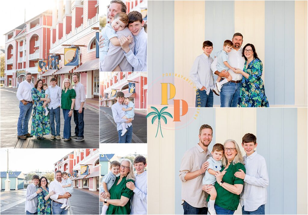 Family posing together at Disney resort.