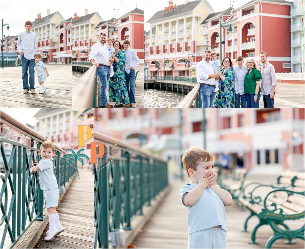 Family enjoying time at boardwalk resort.
