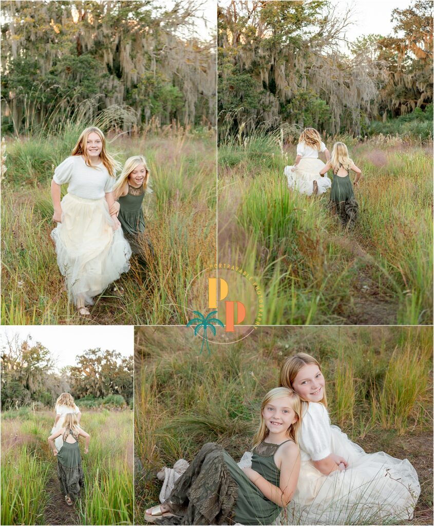 Two girls playing in tall grass in Orlando outdoor family photographer