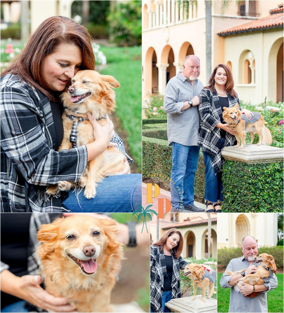 Couple with dog in garden setting.