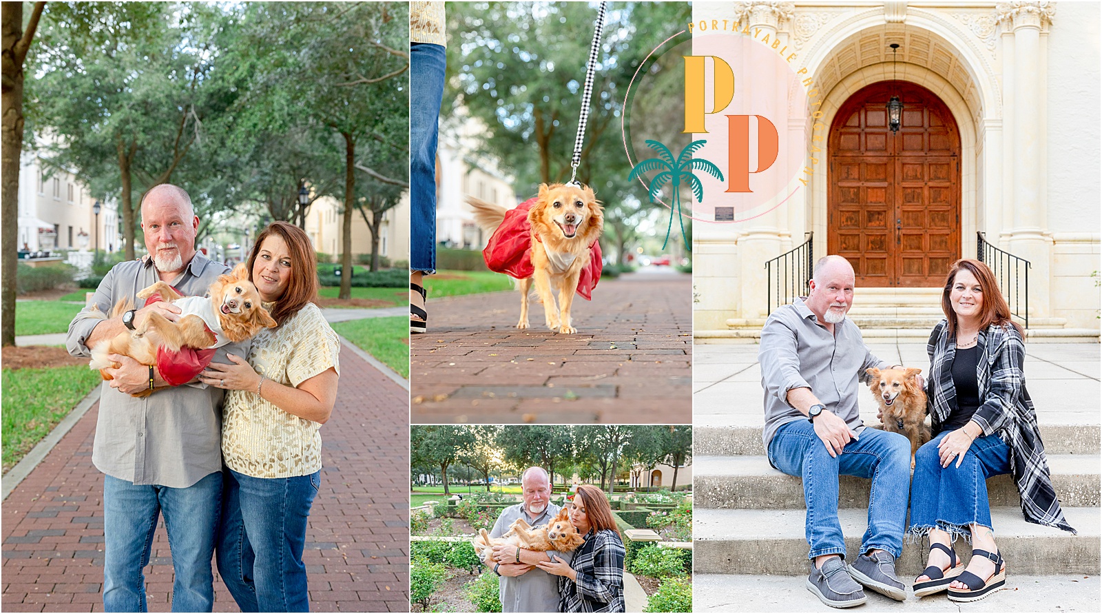 Couple with dogs in various settings Winter Park photoshoot location that is dog friendly