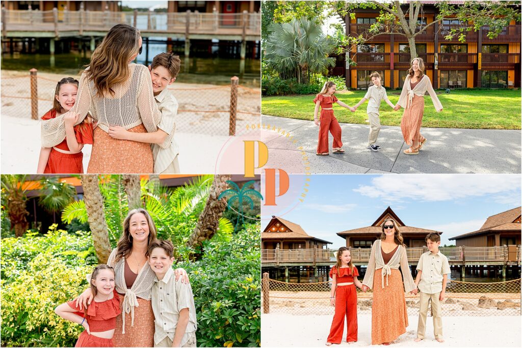 Children playing in tropical setting during photoshoot at disney
