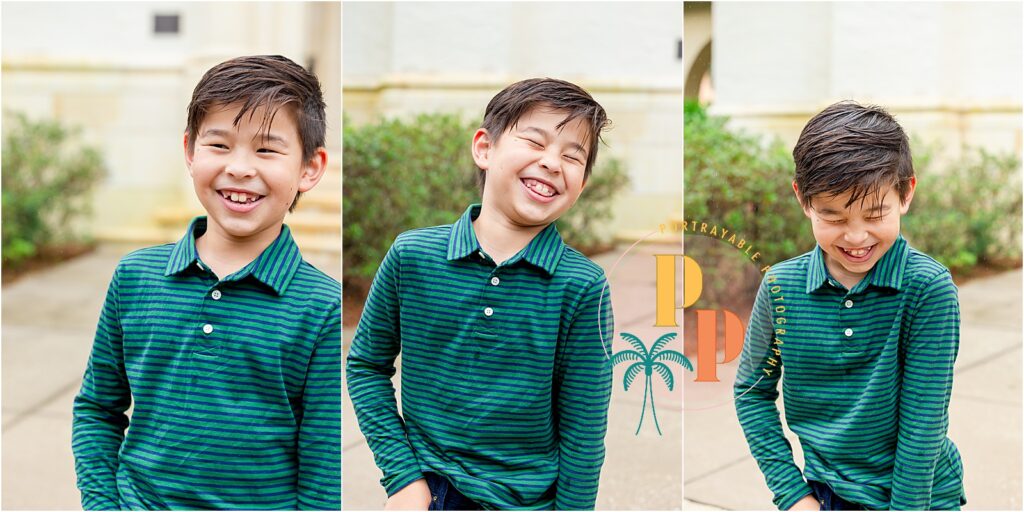 Boy in green striped shirt laughing during his photoshoot