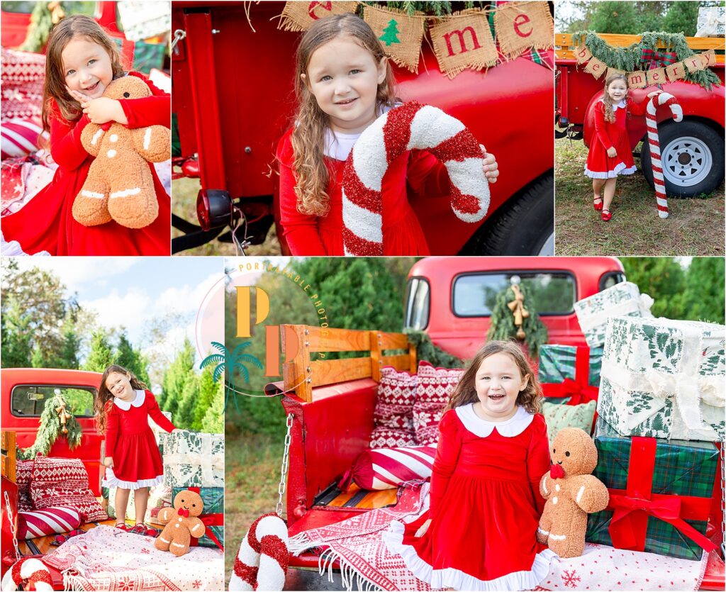 Child in red dress with decorations in orlando christmas tree farm