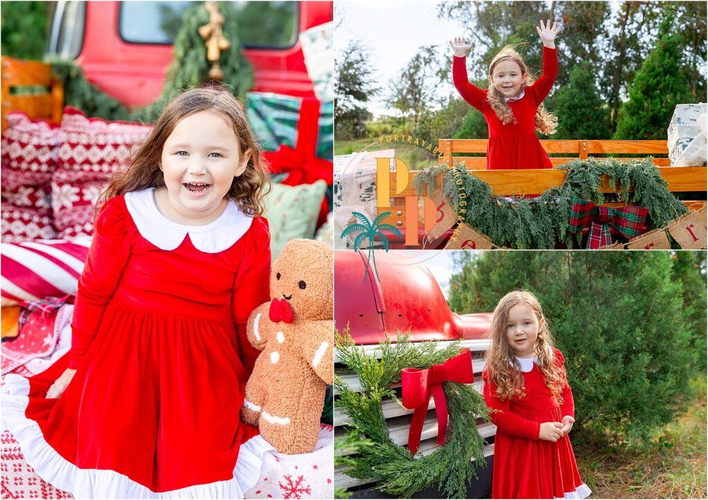 Child in red dress with decorations red truck in christmas tree farm in orlando florida
