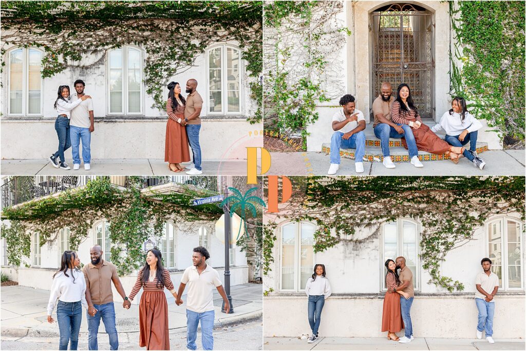 Siblings hugging in front of bright white building with jasmine vines in Winter Park
