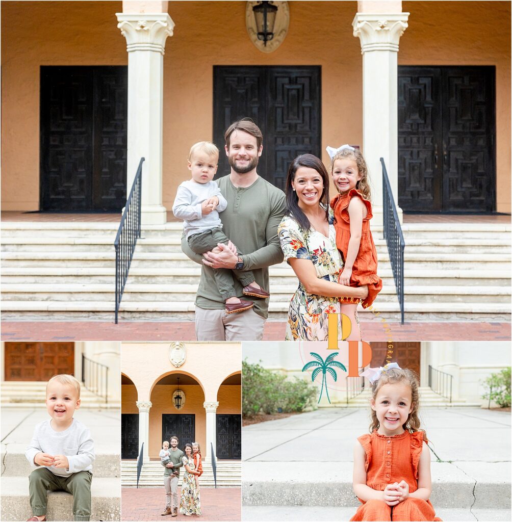 Family posing outside a building during their family photoshoot