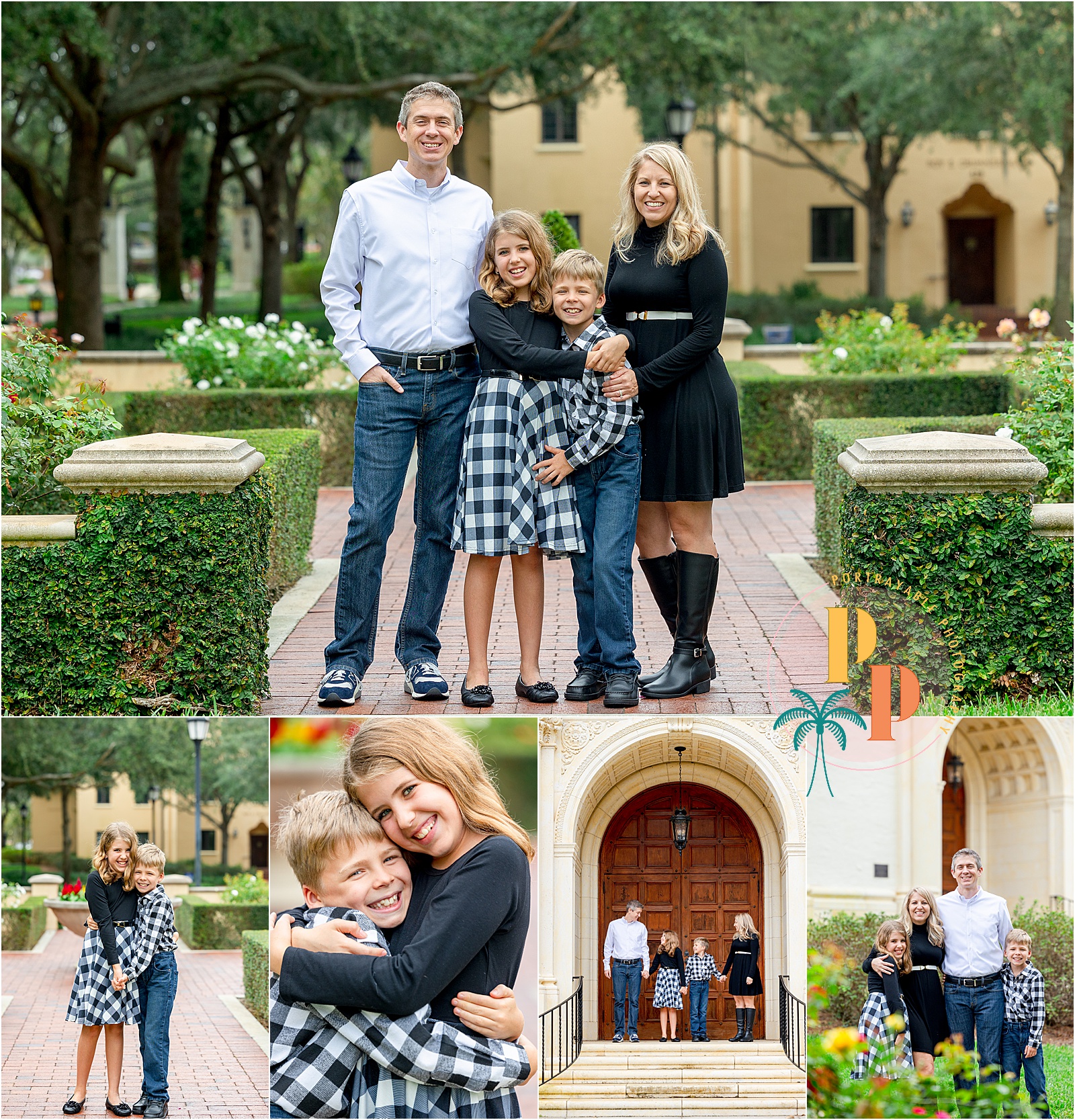 Family posing in a garden setting at Rollins college