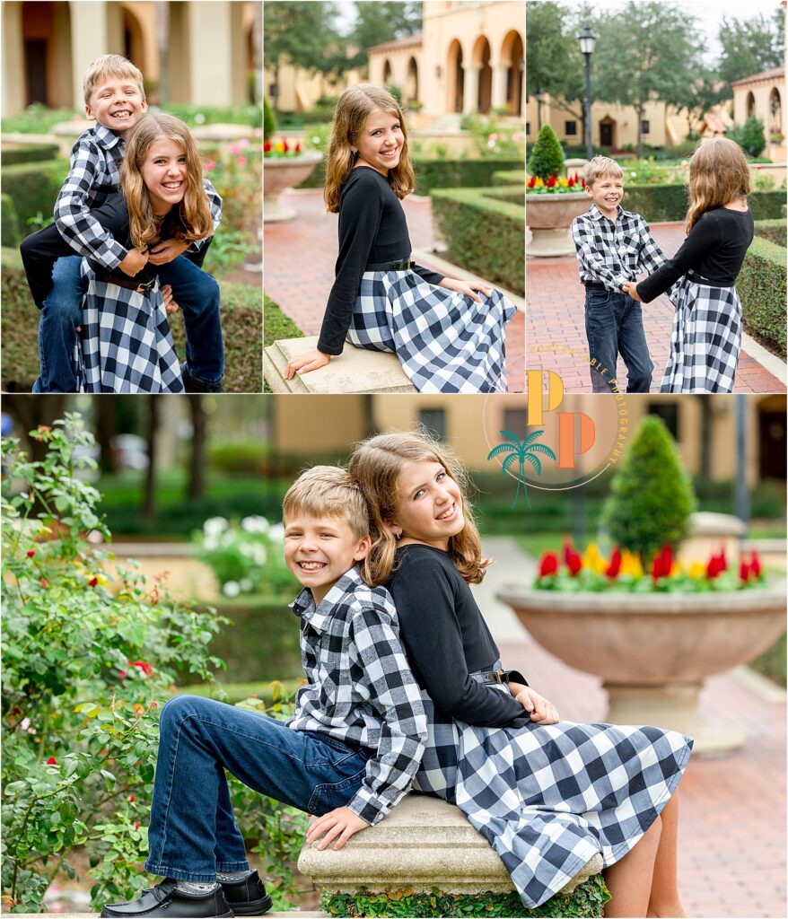 Children playing in a garden setting during their photoshoot in orlando