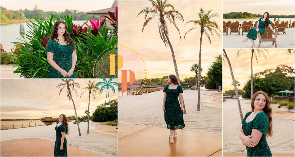 Young woman in green dress outdoors during her photoshoot in orlando florida