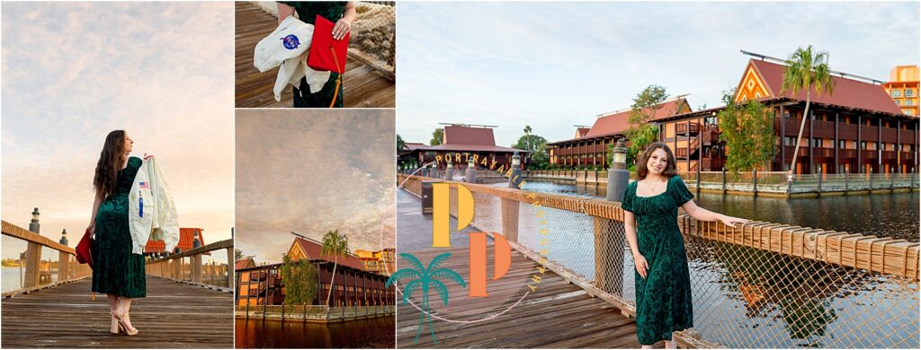 senior portraits of a girl in green dress by water in orlando fl
