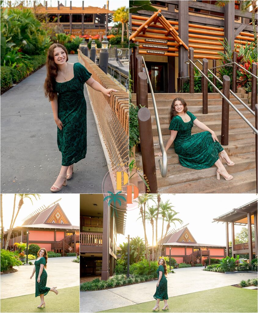 Young woman in green dress outdoors photoshoot