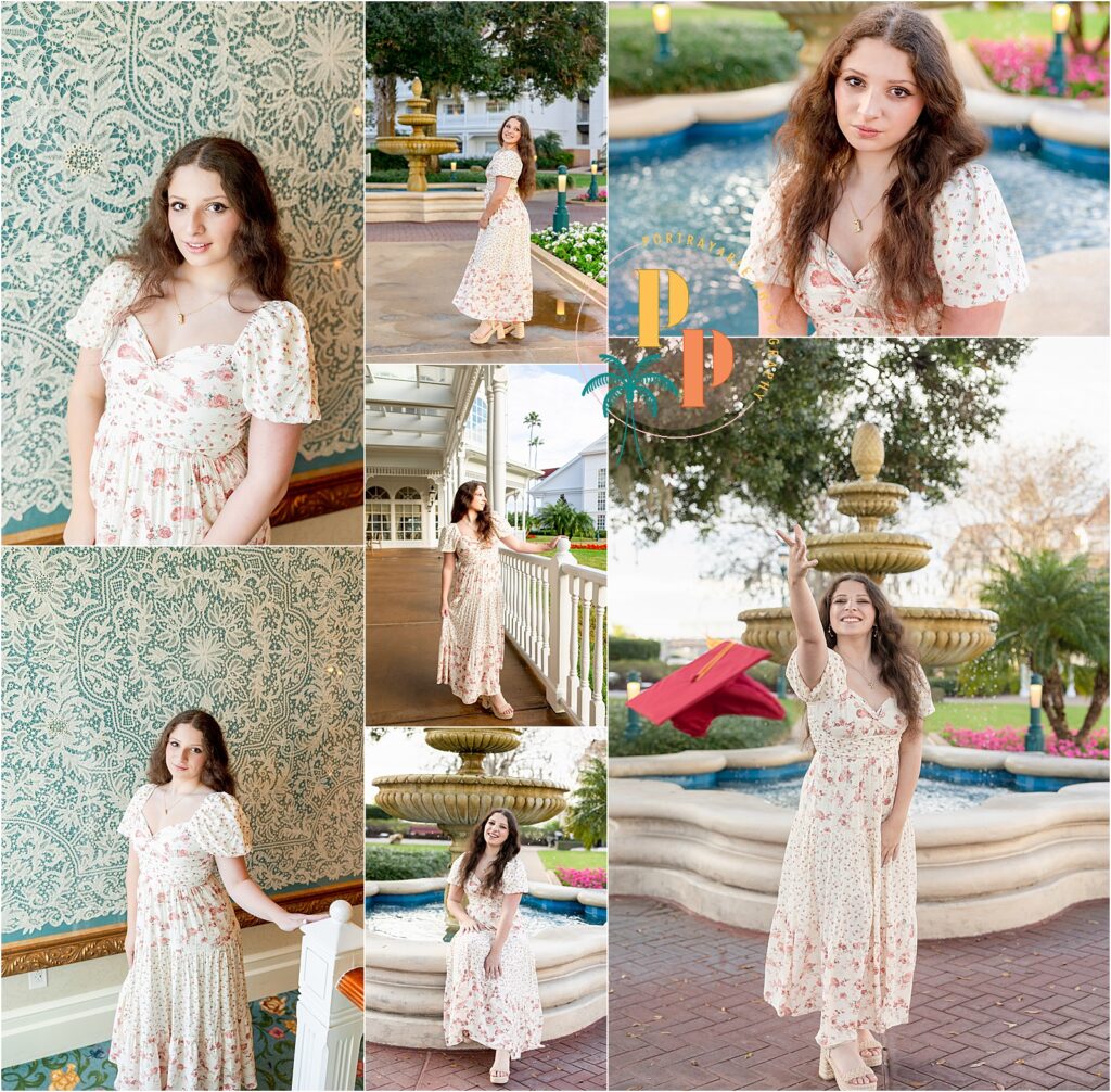 Young woman in floral dress poses during her disney vacation