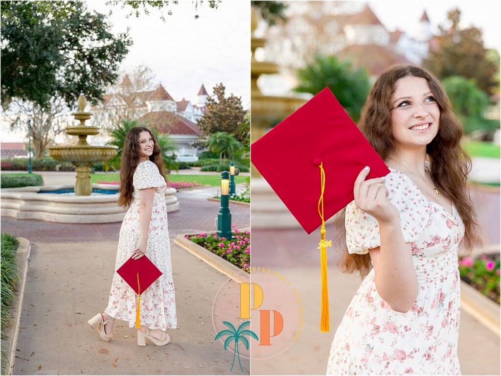 Graduate in floral dress holding diploma high school grad portraits at disney