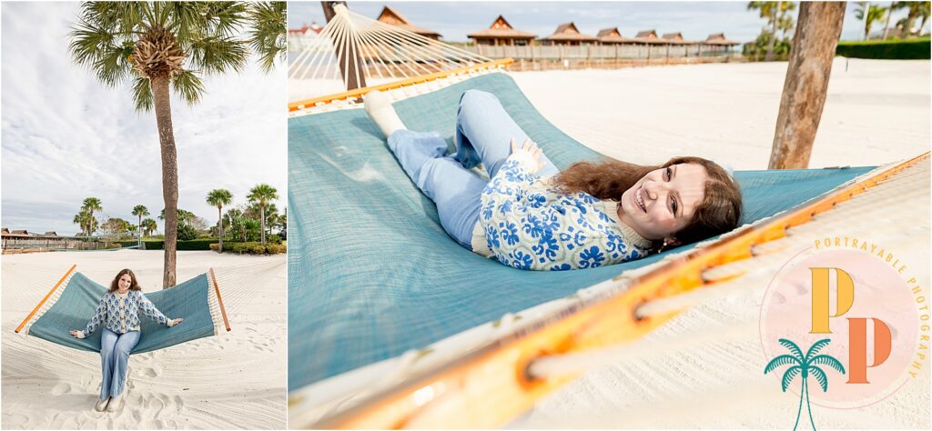 Relaxing on a hammock by disney vacation resort for portraits