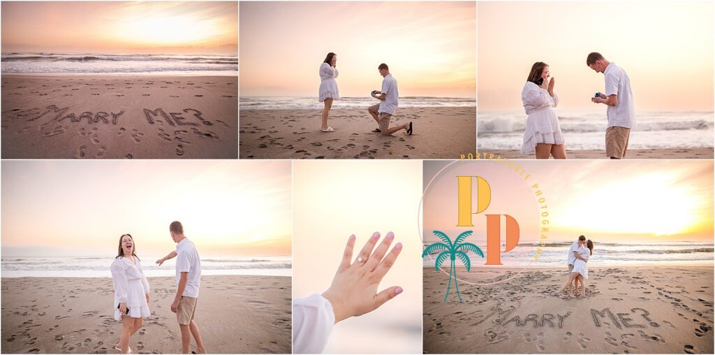 Beach proposal with romantic sunset backdrop.