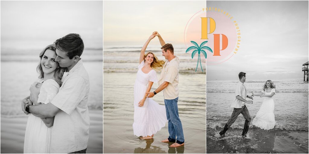 Cocoa Beach engagement couple walking along the beach at sunset with the Cocoa Beach Pier in the background, photographed by a Florida engagement photographer